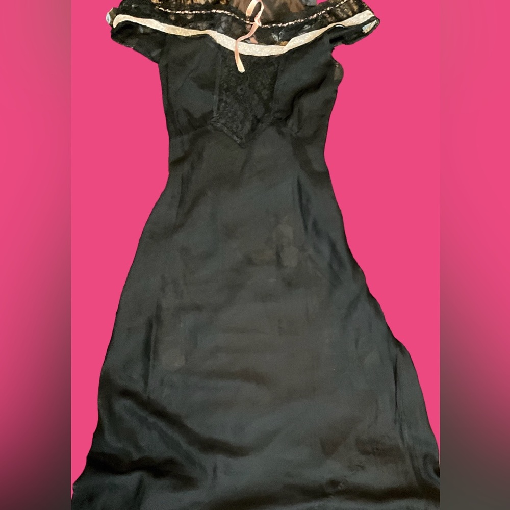 1930s Black Chiffon Lace Bodice Peekaboo Pink slk maxi gown lingerie/nightgown